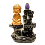 Incensário Baby Buda Tipo Cascata Meditação Preto E Dourado