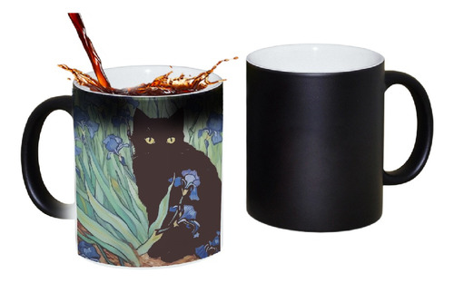 Taza Mágica De Cerámica Gato Negro Van Gogh Premium Art Mv 7