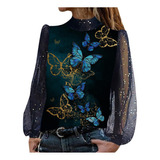 P Blusa Mujer Mariposa Estampado Lentejuelas Lentejuelas Spl