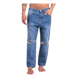 Pantalón Jean Mom Suelto Azul Hombre Over Size Roturas