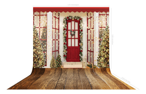 Fundo Fotográfico Natal Porta Vermelha Árvores - 150x170cm Cor Colorido Desenho Impresso Natalino