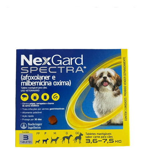 Comprimido Antiparasitário Para Pulga Carrapato Vermes Sarnas Boeringer Ingelhein Nexgard Antipulgas Spectra Para Cão De 3.6kg A 7.5kg