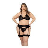 Conjunto Babydoll Lencería Encaje Liguero Ligas Mujer Curvy