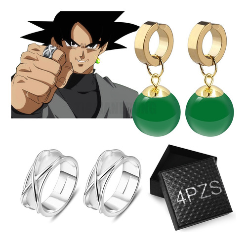 Anillo De Súper Negro Goku+aretes Piedra De Ágata Fusión 4pz