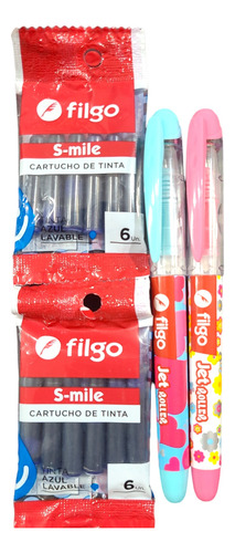 Lapicera Roller Filgo Jet X2 Con 12 Cartuchos Tinta Azul 