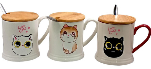 Mug Taza De Gatos Con Tapa De Madera Y Cuchara Metálica