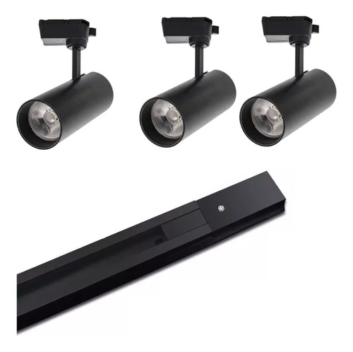 Lámparas Tipo Spot Riel De 1m X 3unid 20w Para Exhibiciones Color Negro Luz Calida