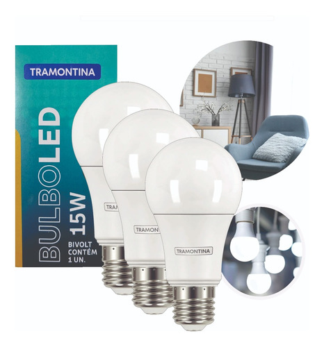 Kit 3 Lâmpadas Led Luz Branca Bulbo 15w E27 6500k Tramontina