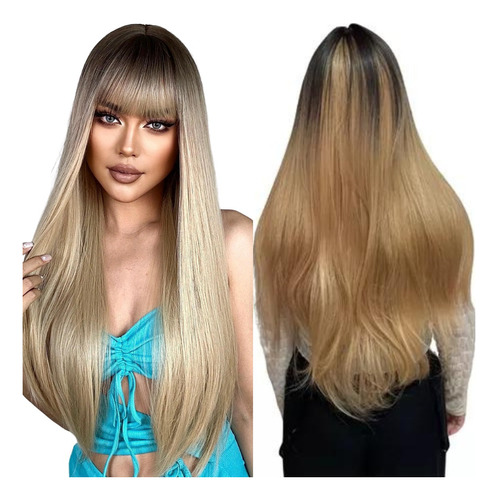 Peruca Wig Lace Lisa Ondulada Com Franja Fibra Orgânica