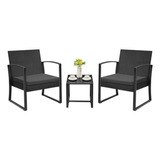 Set Muebles Exterior 3 Piezas Con Mesa De Vidrio, Negro