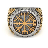 Anillo Acero Color Oro Vegvisir Yggdrasi Vikingo Para Hombre