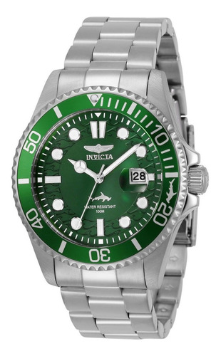 Reloj De Pulsera Invicta Pro Diver 30020 De Cuerpo Color Acero, Analógico, Para Hombre, Fondo Verde, Con Correa De Acero Inoxidable Color Acero, Agujas Color Blanco Y Plata, Dial Blanco Y Plata, Minut