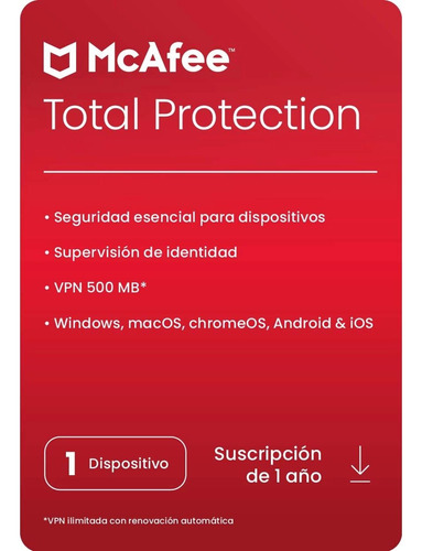 Antivirus Mcafee Total Protection 2024 -  1 Dispo -  1 Año 