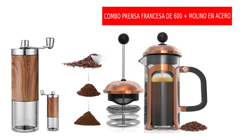 Combo Cafetera Prensa Francesa De 600ml + Molino En Acero