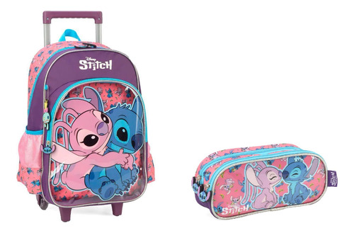 Mochila De Rodinhas Infantil Escolar Stitch + Estojo Duplo 