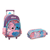 Mochila De Rodinhas Infantil Escolar Stitch + Estojo Duplo 