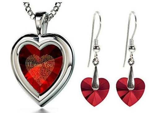 Conjunto De Joyas Con Corazón Rojo Plateado 925