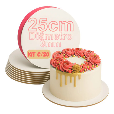 Kit 20 Cake Board 25cm Tabuleiro De Bolo Mdf 3mm Redondo Branco