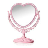 Espejo Maquillaje Rosa Corazón Giratorio 360°, Doble Cara