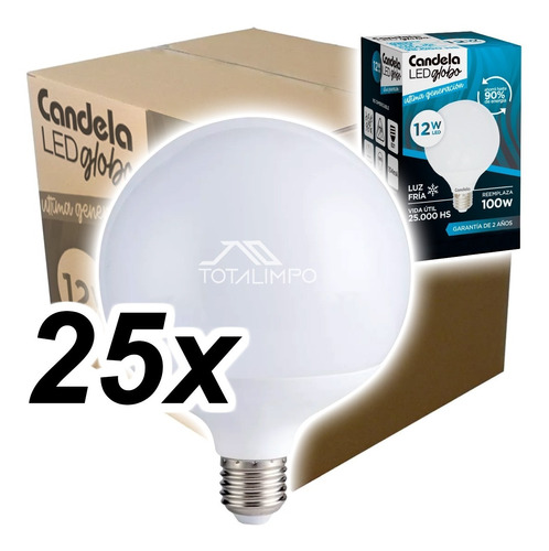 25 Lámparas Led Globo 12w (100w) Luz Fría Candela 6800