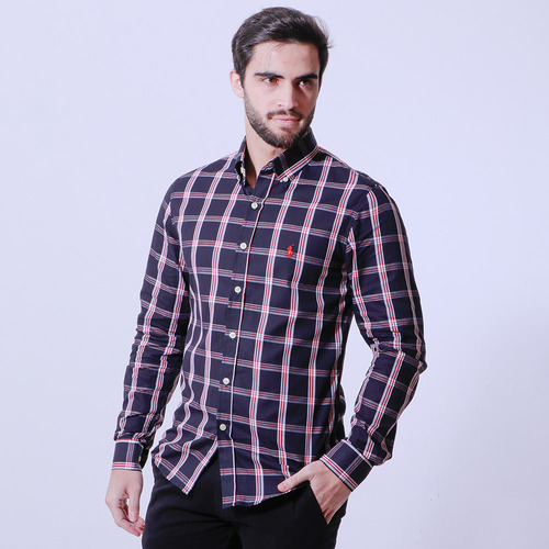 Camisa Xadrez London Plaid Manga Longa Masculina Preta