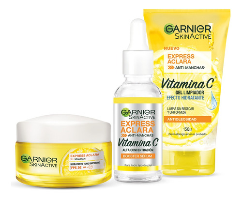 Pack Garnier Skin Active Aclara Vitamina C Gel+serum+crema