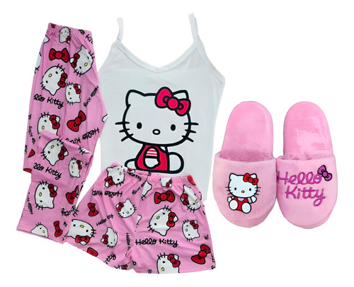 Pantuflas Y Pijama Hello Kitty Rosa Blusa, Pantalón Y Short
