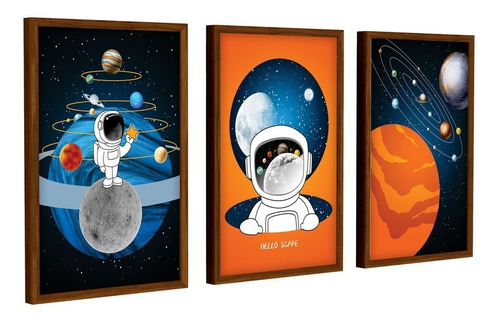 3 Quadros Decoração Quarto Infantil Menino Astronauta Trio 