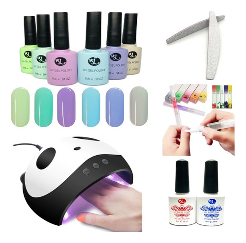 Kit Gelish (gama 6pz) + Lampara Led Uv + Base + Top + Lima Color Gama W