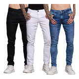 Kit 3 Calças Jeans Skinny Masculina Black + White + Blue Vip