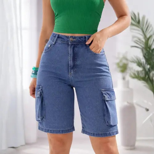 Short Jeans Cargo Feminino Cintura Alta 100% Algodão