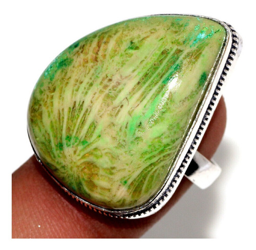 Anillo Con Hermoso Coral Fósil Verde # 8, Chapa De Plata 925