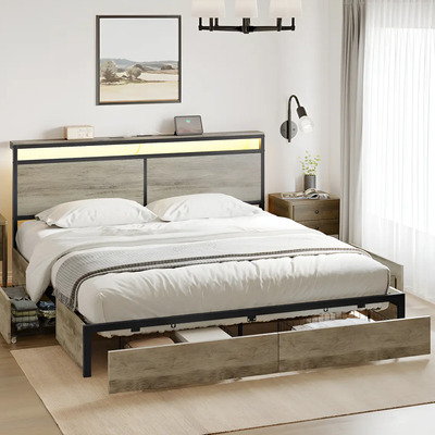Base Cama King Size Cabecera Puertos Usb Luces Led Y Cajones Color Gris | Envío gratis