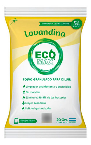 Ecomax Sobre Lavandina Polvo Concentrada 20 Grs Rinde 5 Lts