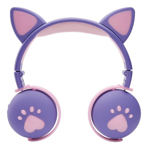 Audífonos Inalámbricos Bluetooth Orejas Gato Rosa Morado Luz