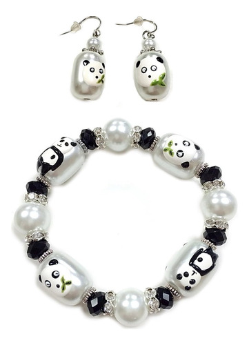 Juego De Aretes Y Pulsera Elástica Con Cuentas De Panda De L