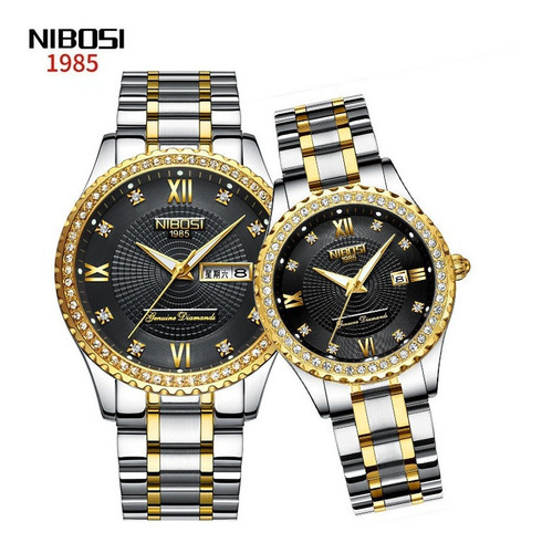 Nibosi Relógio Quartz Casal Diamante Luxo 2 Peças