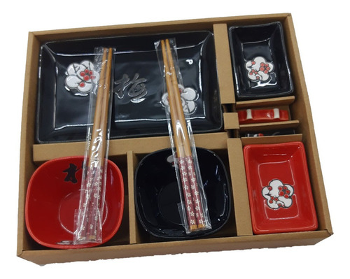 Set De Sushi P/ 2 Personas 8 Piezas De Porcelana Negro Rojo