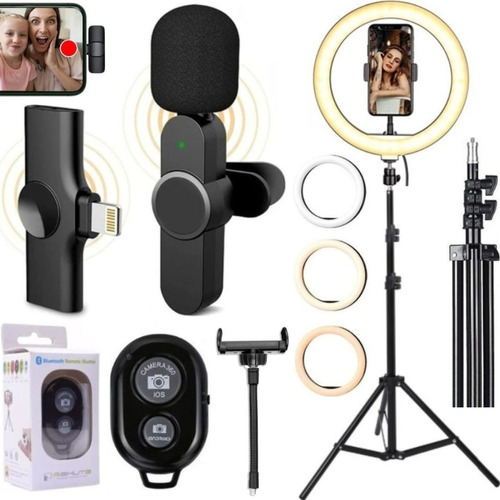 Kit Ring Light Tripé Microfone Sem Fio Para iPhone Gravação