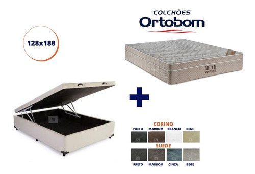 Cama Box Baú Casal Padrão Viúva + Colchão Ortobom 128x188 Cor Corino Bege