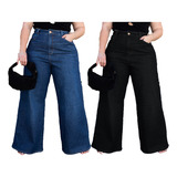 Kit 2 Calça Wide Leg Pantalona Plus Size Cintura Alta 46-58