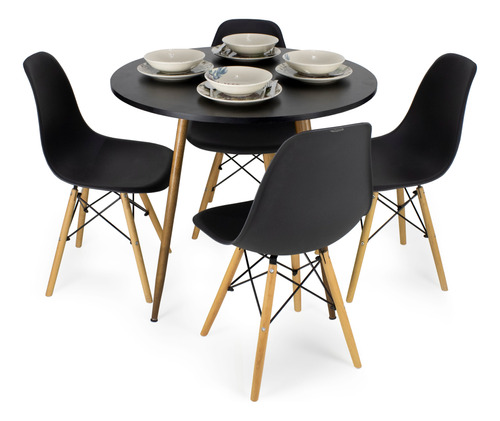 Mesa Redonda 100cm Madeira + 4 Cadeiras Charles Eiffel Eames