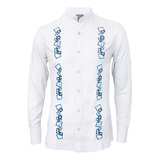 Camisa Guayabera Blanca En Lino Bordada En Tonos Azules