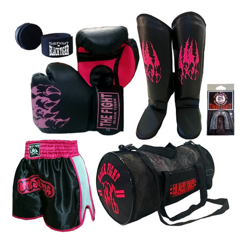 Kit Muay Thai Luva+caneleira+bucal+banadagem+short+bolsa