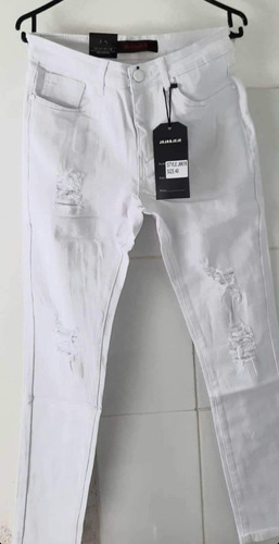 Pantalon Jeans Elasticado Color Blanco Rasgado Para Hombres 