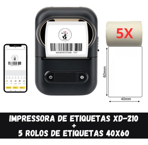 Kit Impressora Xd-210 + 5 Rolos Etiqueta Adesiva 40x60