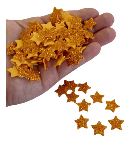 Aplique Estrela 1,5 Cm Eva Dourado Glitter Kit Com 100 Unid