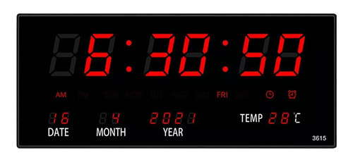 Reloj De Pared Led Rojo Termómetro Y 4 Alarmas 36x15 Cm 