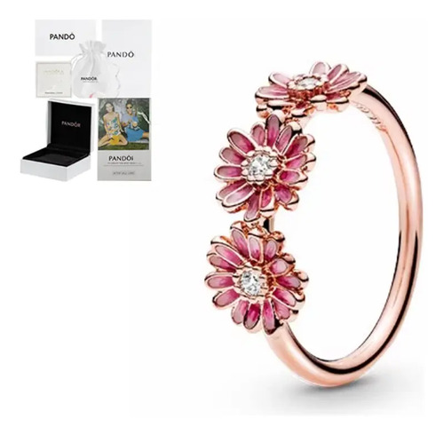 Anillo Pandora Con Tres Margaritas Rosadas, Color Oro Rosa
