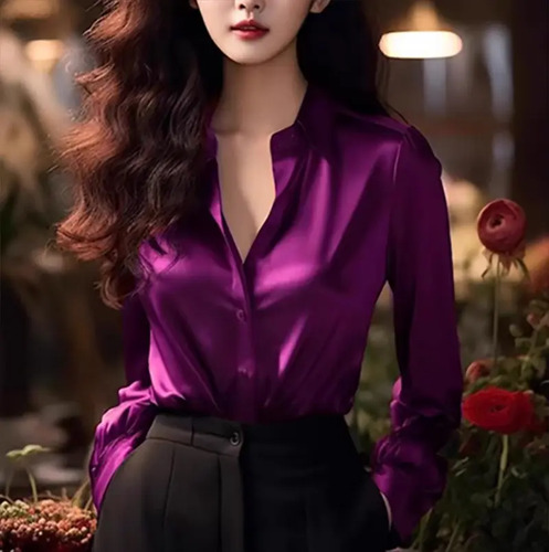 Blusa Elegante De Manga Larga Con Camisa De Seda Roja L